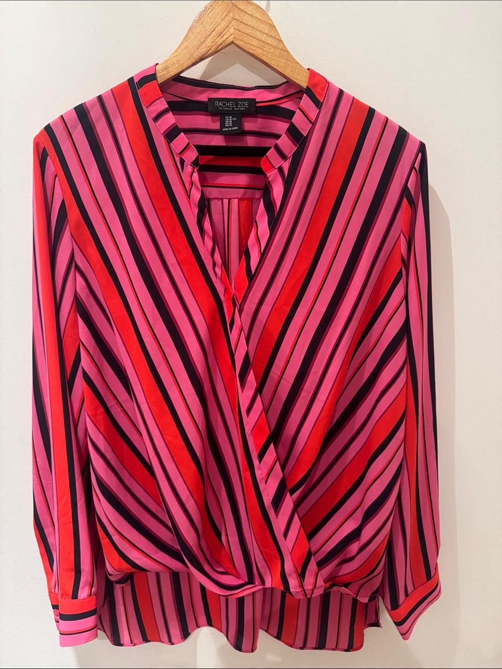 Rachel Zoe Pink, Red & Black Striped draped in front Blouse. Size XL.